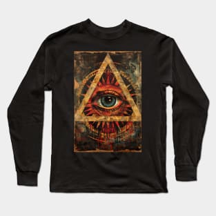 stylish art with abrasions with the all-seeing eye on the background of a triangle pyramid in an ancient style. Symbol of the Illuminati Masonic Lodge Long Sleeve T-Shirt